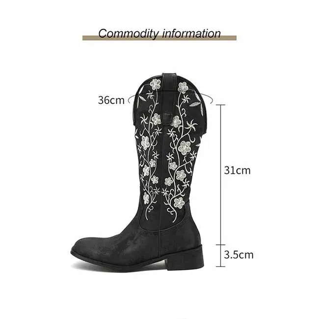 Corcoran Boots Women's Retro Western Cowboy Boots Embroidered Mid Calf Chunky Boots