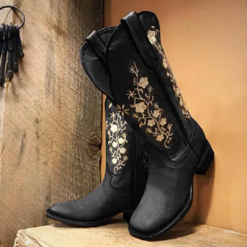 Women's Retro Western Cowboy Boots Embroidered Mid Calf Chunky Boots Work Boots Steel Toe