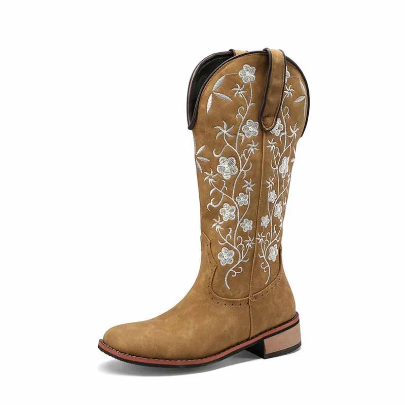 Women's Retro Western Cowboy Boots Embroidered Mid Calf Chunky Boots Leather Army Boots