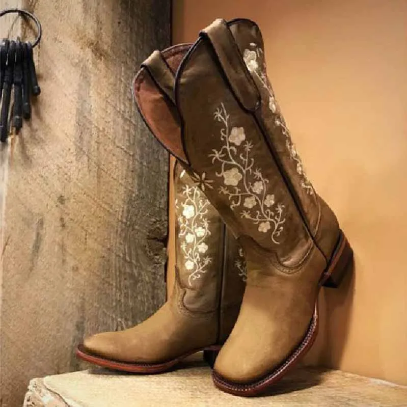 Women's Retro Western Cowboy Boots Embroidered Mid Calf Chunky Boots Nautica Boots