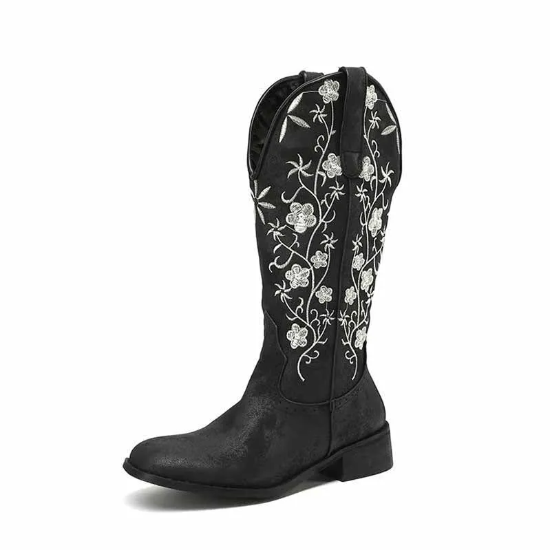 Women's Retro Western Cowboy Boots Embroidered Mid Calf Chunky Boots Rebel Flag Boots