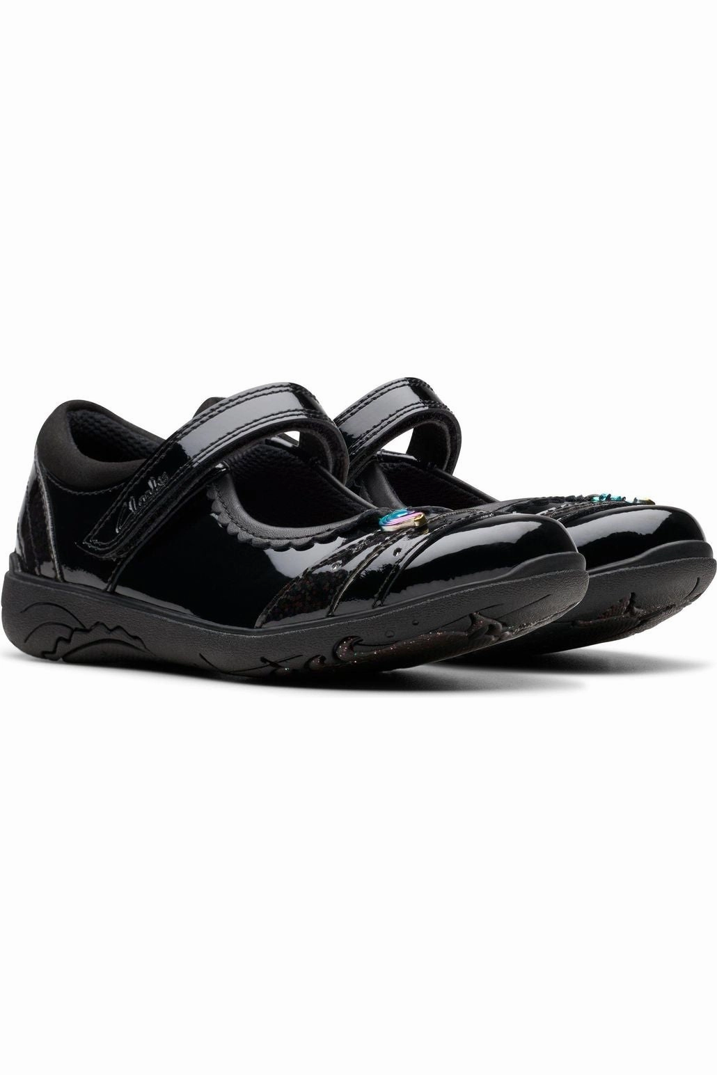 Bendable Water Path Clarks Relda Spark black patent school shoe