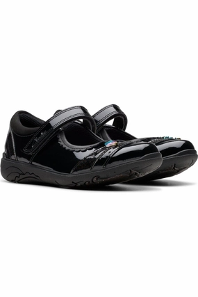 Bendable Water Path Clarks Relda Spark black patent school shoe
