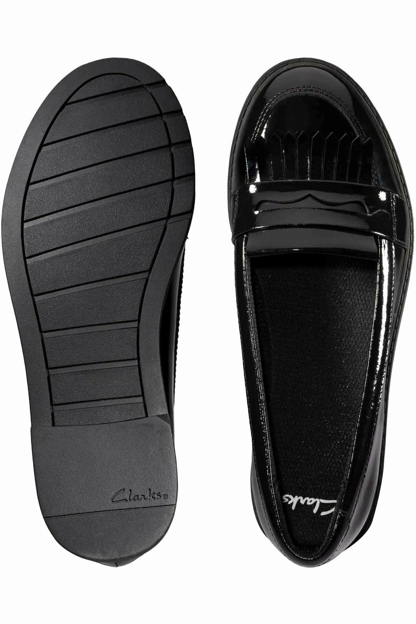Clarks Scala Bright Youth black patent Travel Day
