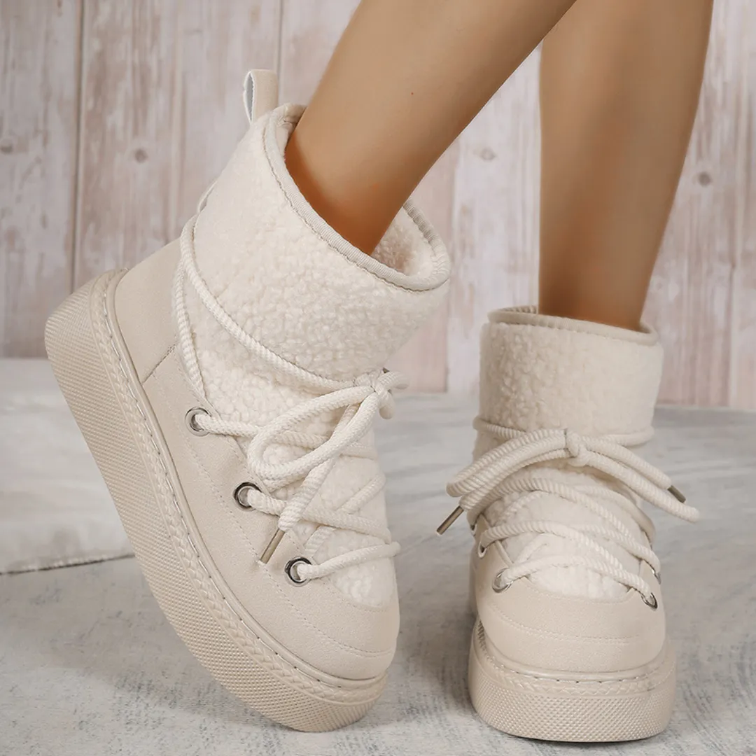 OCW Women Ankle Boots Winter Warm Fashion Cross-Tied Genuine Leather Snow Boots Fur Top Snow Boots