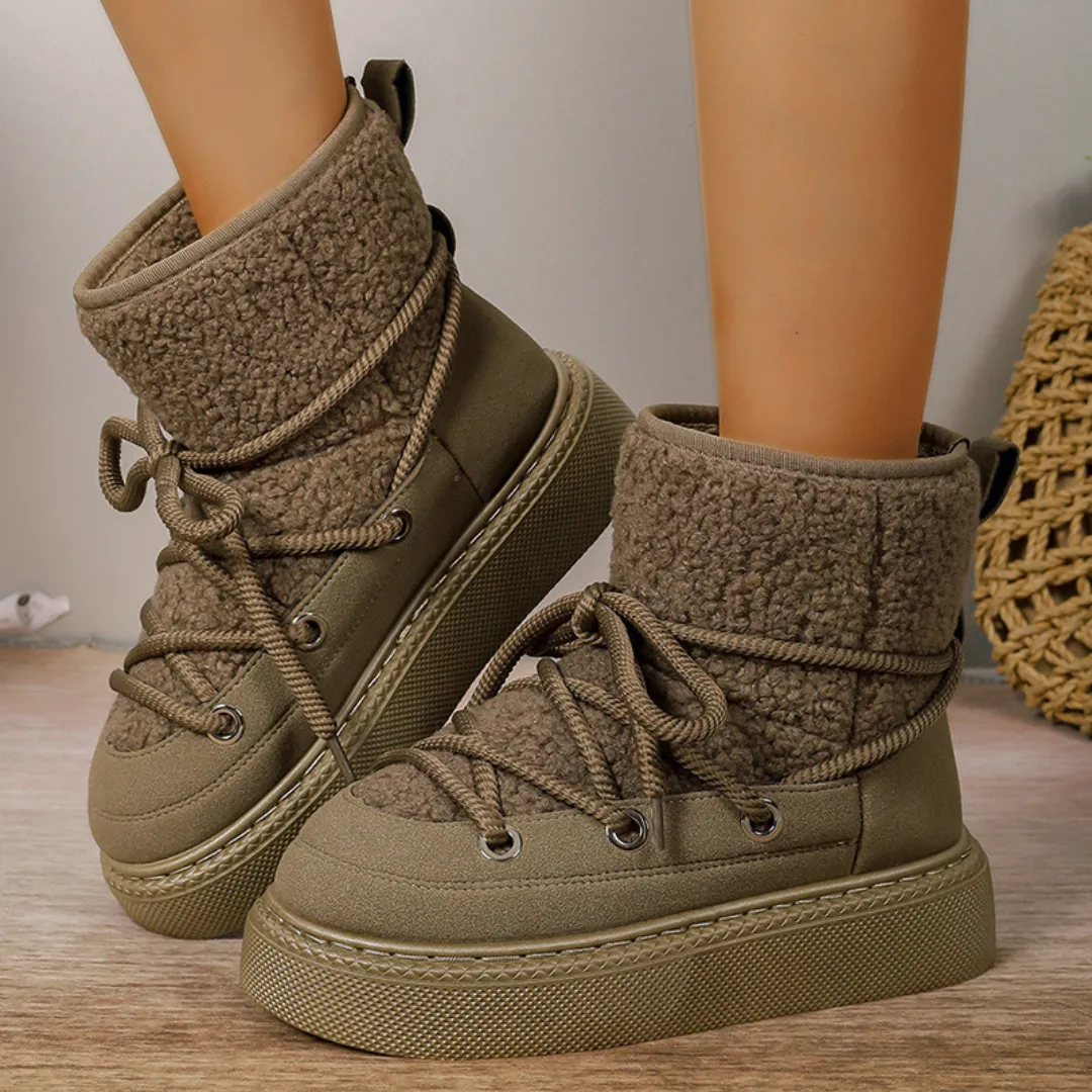 OCW Women Ankle Boots Winter Warm Fashion Cross-Tied Genuine Leather Snow Boots Outdoor Snow Boots