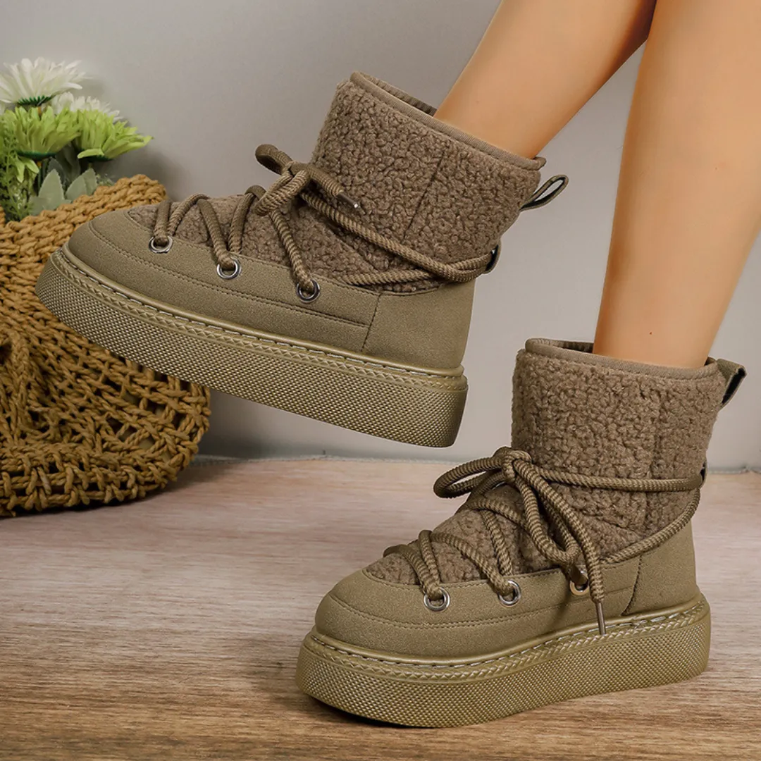 OCW Women Ankle Boots Winter Warm Fashion Cross-Tied Genuine Leather Snow Boots Trendiest Snow Boots