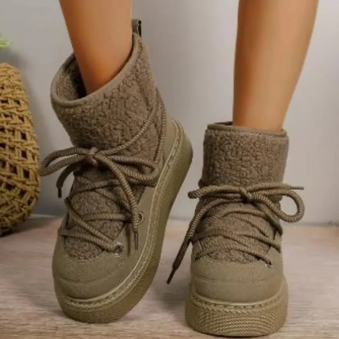 Business Casual Snow Boots OCW Women Ankle Boots Winter Warm Fashion Cross-Tied Genuine Leather Snow Boots