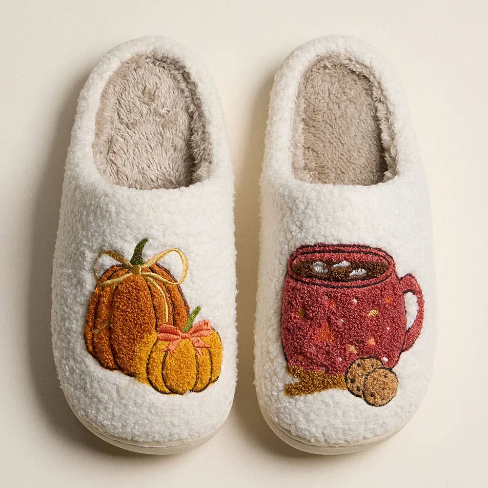 Theodora Slippers Pumpkin Spice Sherpa Slippers  Cozy Fall House Shoes for Women