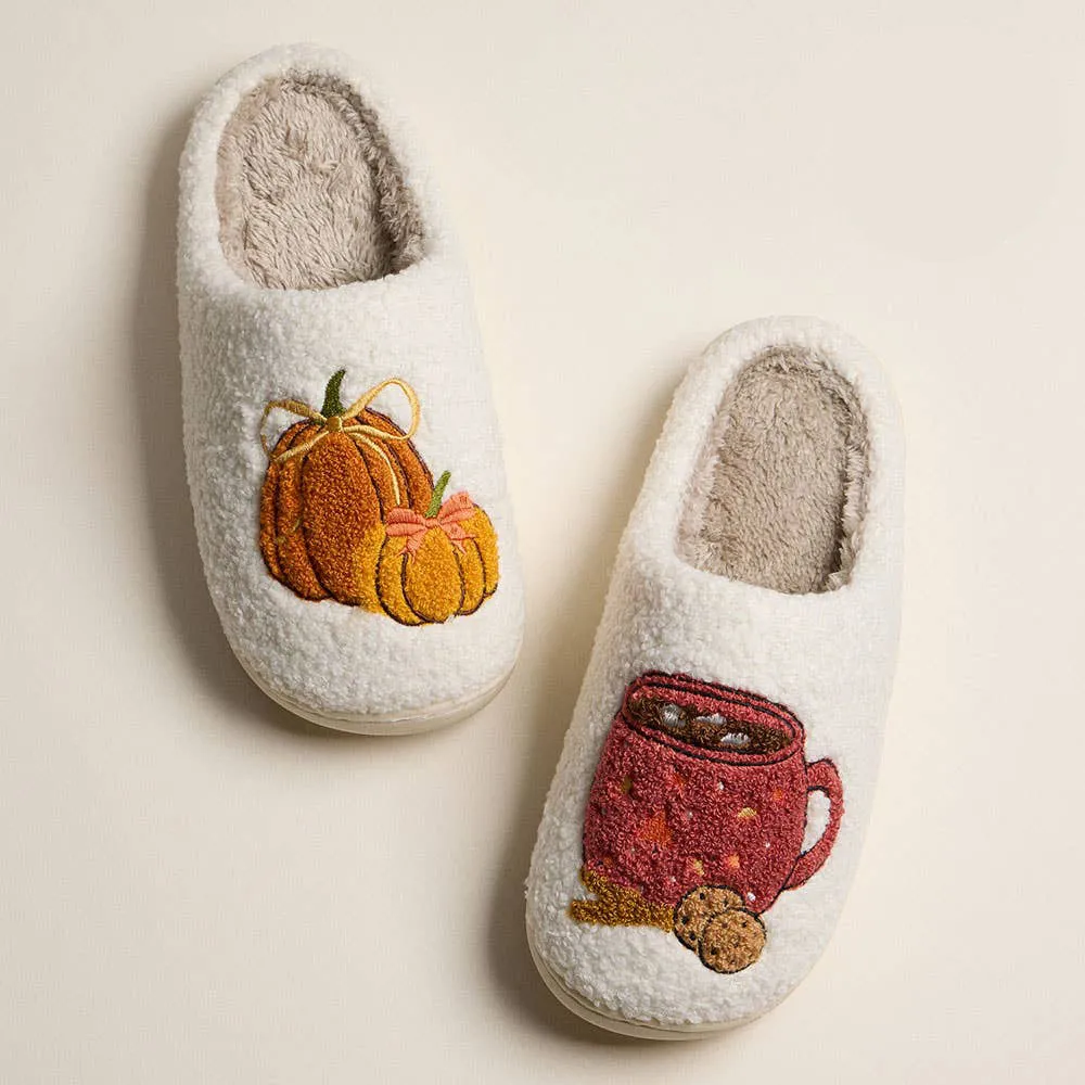 Pumpkin Spice Sherpa Slippers  Cozy Fall House Shoes for Women Canvas Ballet Slippers