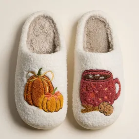 Pumpkin Spice Sherpa Slippers  Cozy Fall House Shoes for Women Tongue Kiss Slippers
