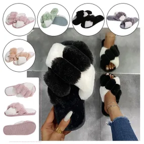 Gym Shoes Feet Cross-strap Furry Slippers Home Flat Indoor Floor Bedroom House Shoes Women