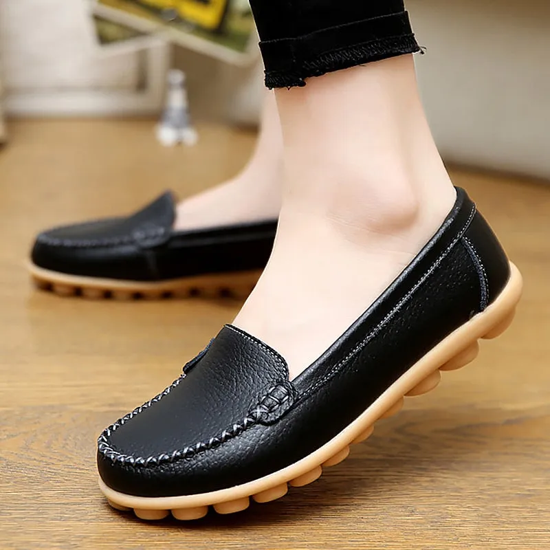 Preppy Loafers Women Soft Loafers Non-Slip Sturdy Sole Genuine Leather Shoes