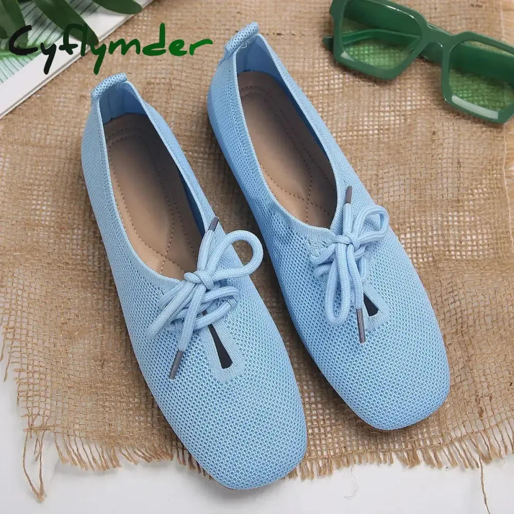 Block Heeled Loafers Cyflymder Autumn Mesh Breathable Women's Flat Shoes Solid Simple Ballet Flats Female Casual Lace-up Walking Shoes for Women