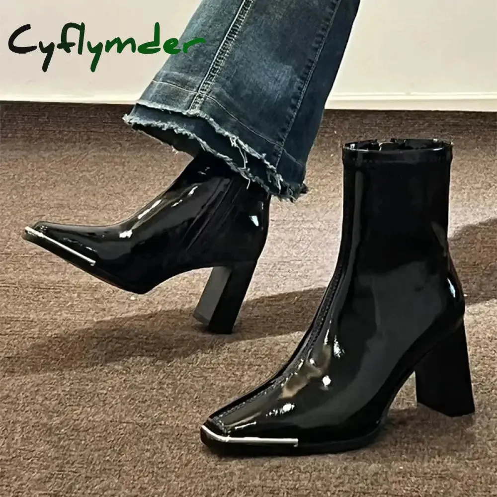 Cyflymder Fashion Women Thick High Heel Ankle Boots Solid Patent Leather Office Pumps Autumn Mujer Square Toe Short Boots Best Side Zip Work Boots