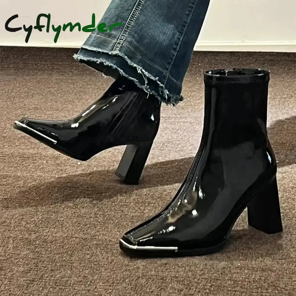 Cyflymder Fashion Women Thick High Heel Ankle Boots Solid Patent Leather Office Pumps Autumn Mujer Square Toe Short Boots Best Diabetic Work Boots