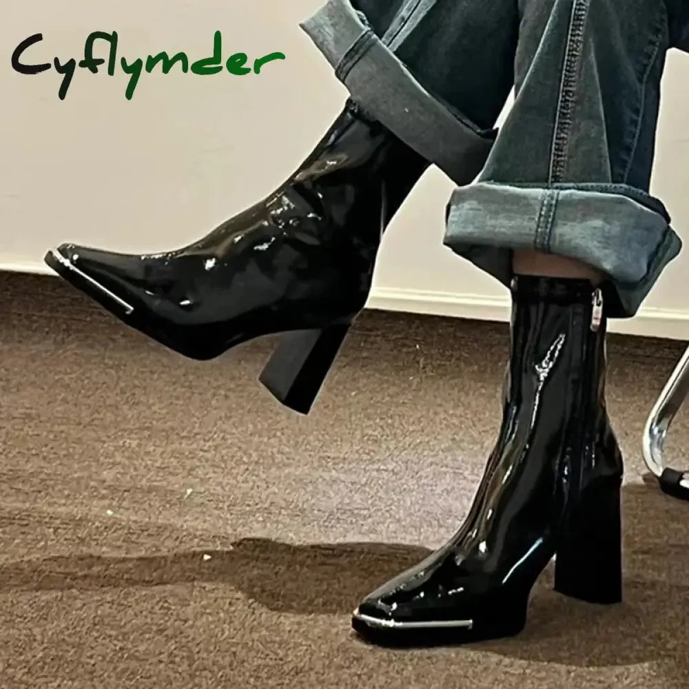 Cyflymder Fashion Women Thick High Heel Ankle Boots Solid Patent Leather Office Pumps Autumn Mujer Square Toe Short Boots Chemical Resistant Steel Toe Work Boots