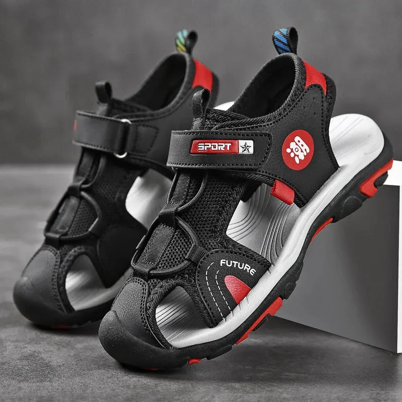 New Style Summer Beach Water Children Sandals Fashion Shoes Outdoor Non-slip Soft Bottom Shading Leather Boys Comfortable Asics Running Shoes Size 15