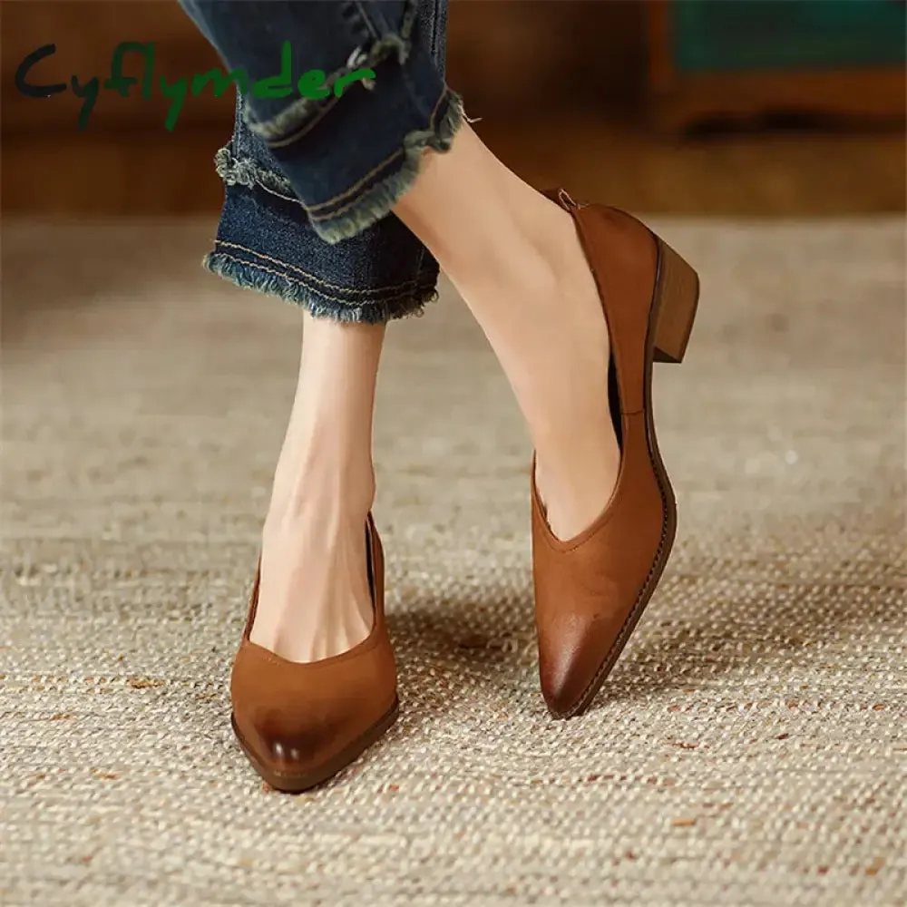 Cyflymder New Spring/summer Women Shoes Sheep Leather Women Pumps Pointed Toe Chunky Heel Loafers Genuine Leather Shoes for Women Handmade Insoles For Loafers