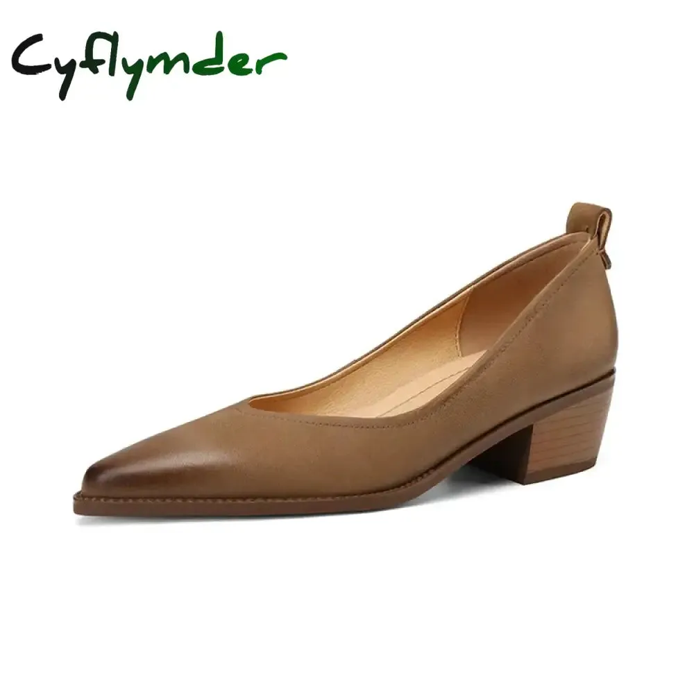 Cyflymder New Spring/summer Women Shoes Sheep Leather Women Pumps Pointed Toe Chunky Heel Loafers Genuine Leather Shoes for Women Handmade Loafers Made In Usa