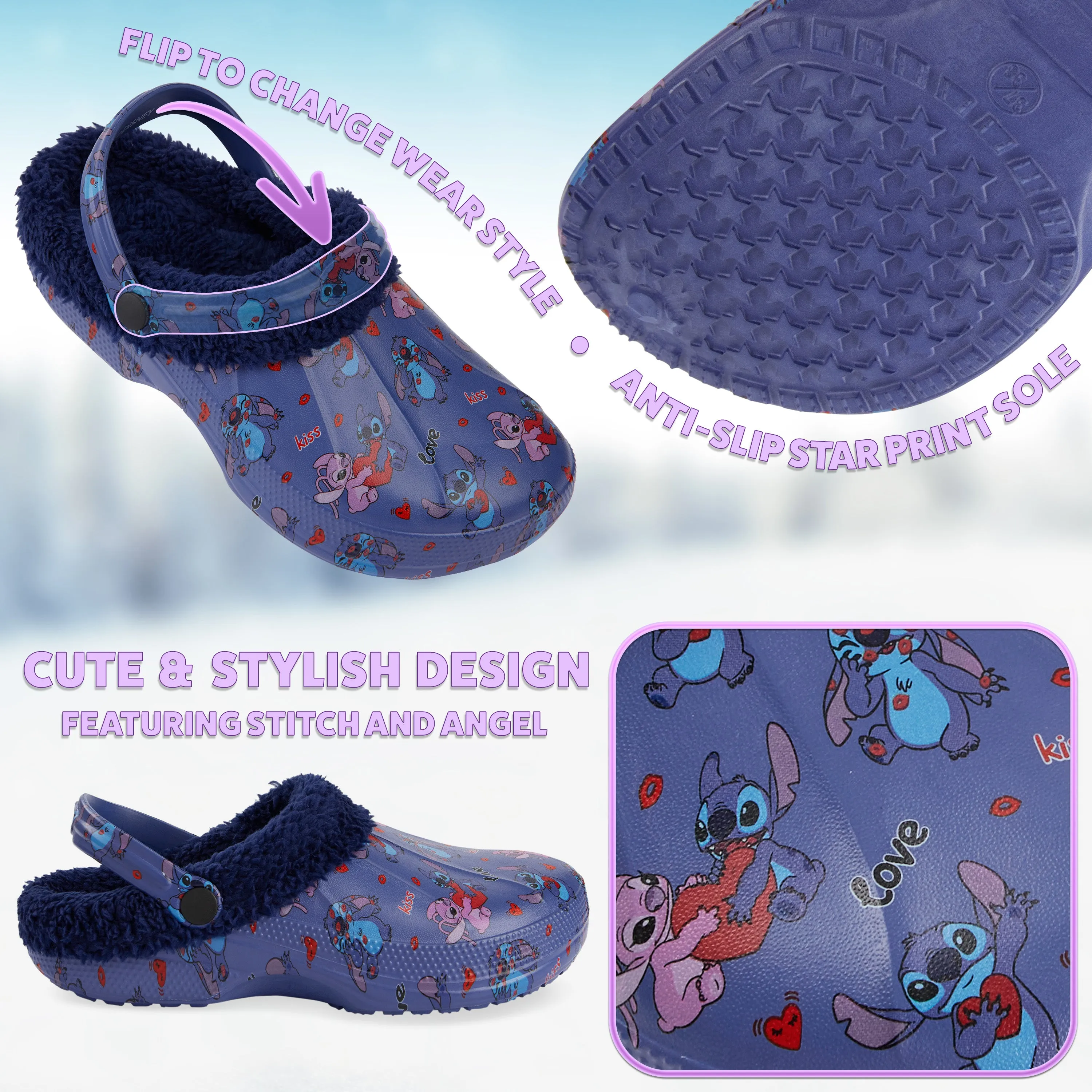 Disney Stitch Clogs for Women Teenagers Fleece Lined Clogs Bubble Slides Slippers