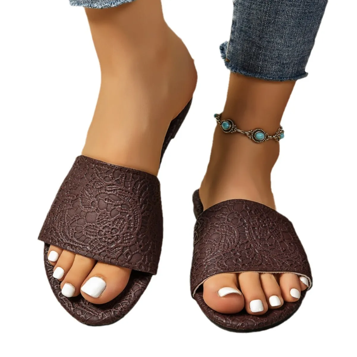 Retro Textured Flat Sandals Summer Non-slip Slides Beach Shoes For Women Best Shoes Standing All Day