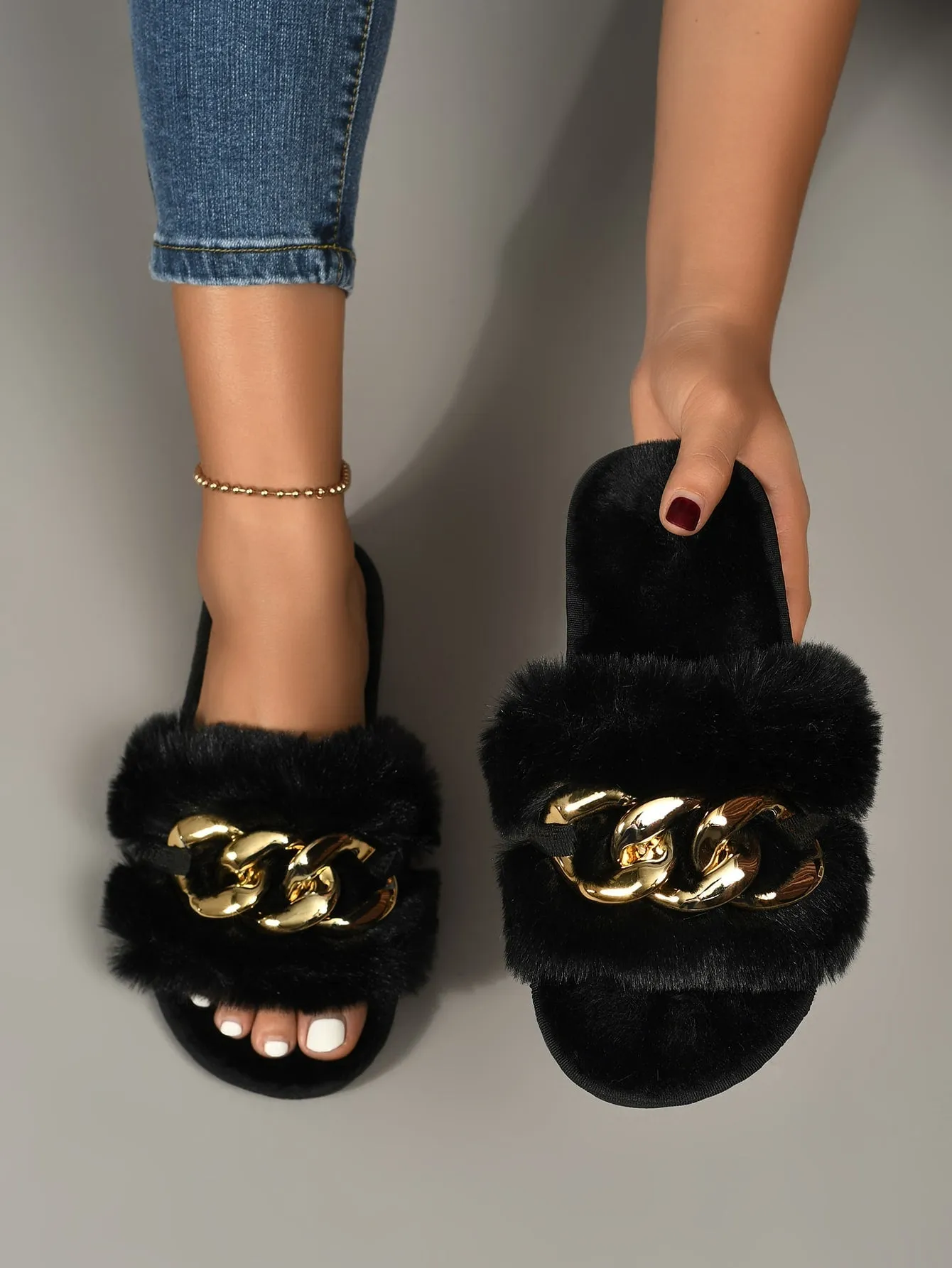 Vibi Venezia Venetian Slippers SHEIN Women Black Fluffy Chain Decor Slippers