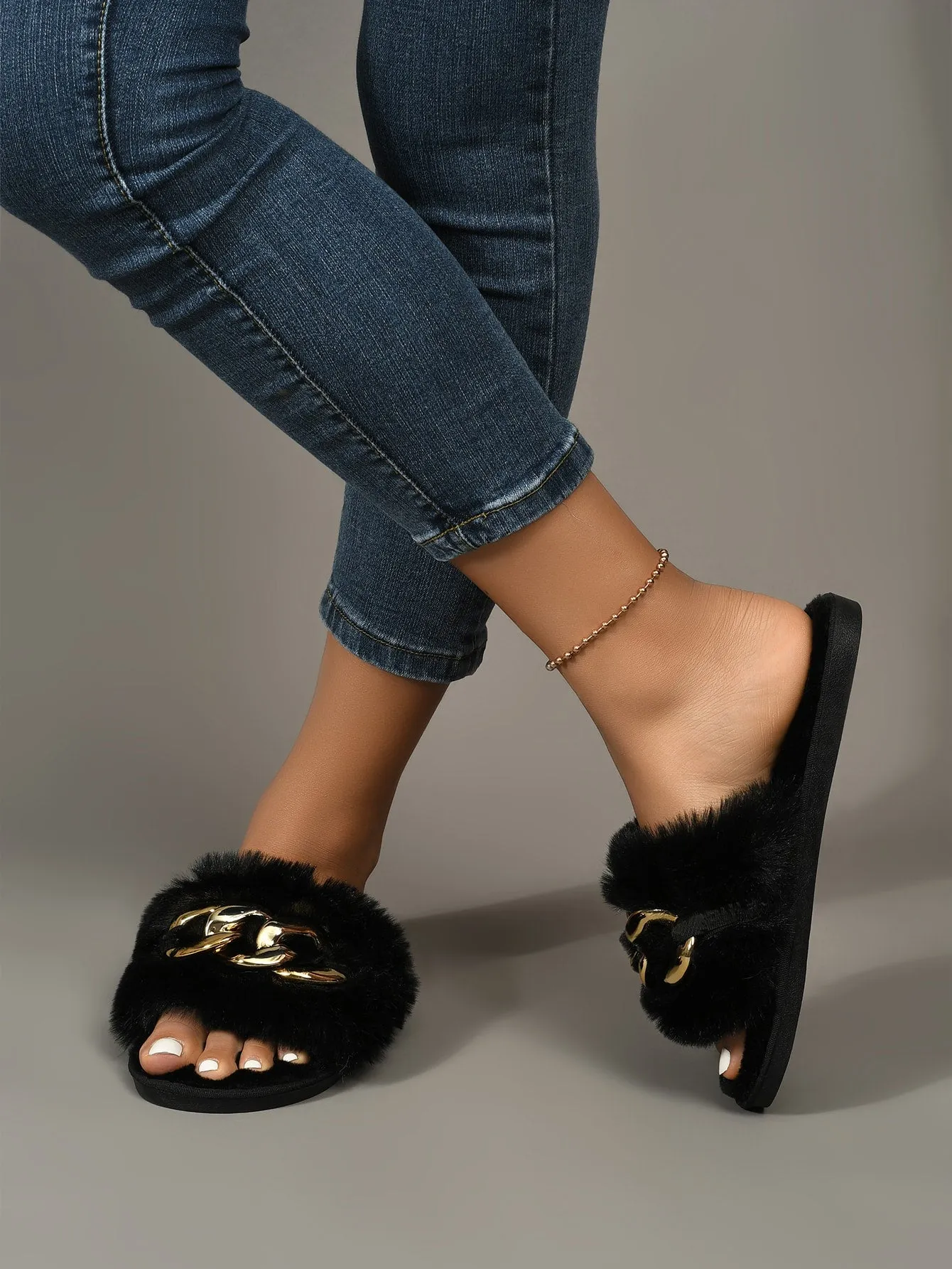 Ladies Slippers Sale SHEIN Women Black Fluffy Chain Decor Slippers