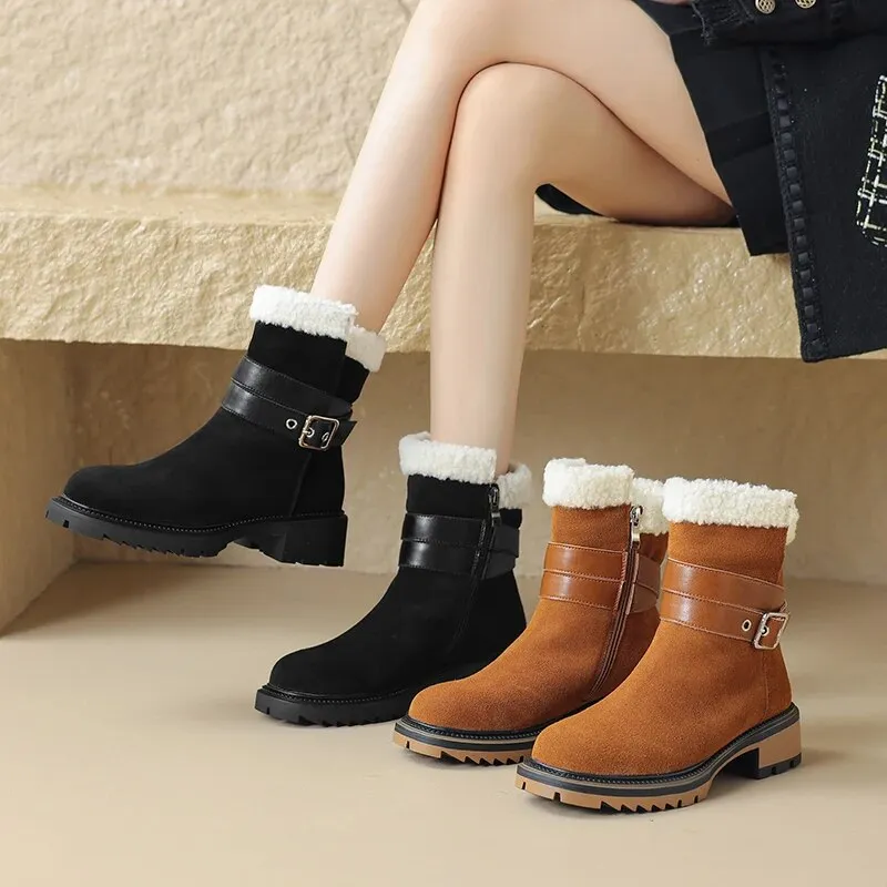 New Cow Suede Leather Snow Boots Women Warm Winter Boots Platform Boots Side Zipper Fashion Ankle Boots Shoes for Women Shoe Snow Boots
