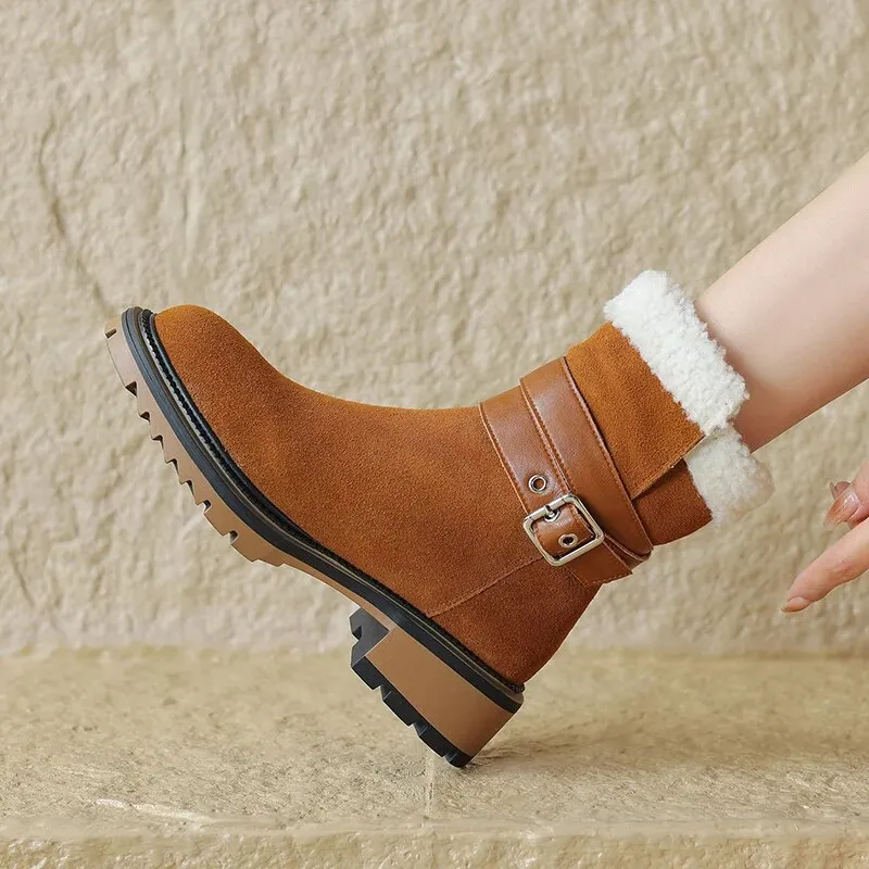 New Cow Suede Leather Snow Boots Women Warm Winter Boots Platform Boots Side Zipper Fashion Ankle Boots Shoes for Women Sorel Fur Snow Boots