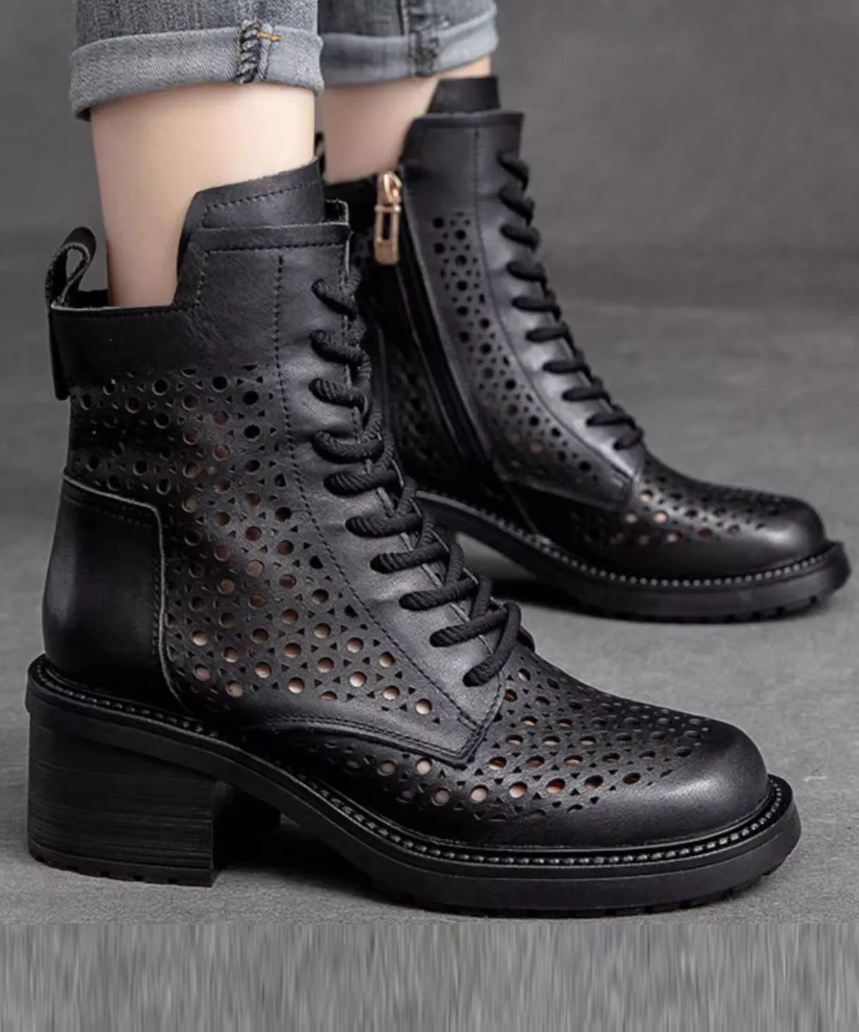 Comfortable Dark Brown Lace Up Hollow Out Zipper Chunky Boots Adidas Originals Sl Casual Shoes