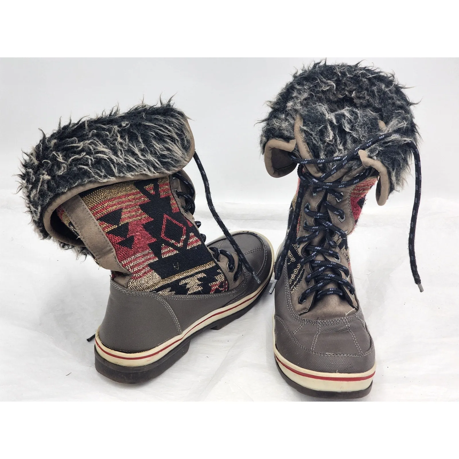 Sorel Wedge Snow Boots Aztec Print Snow Boots Warm Faux Fur Women Size 6/7 Boho Cozy Winter W22750