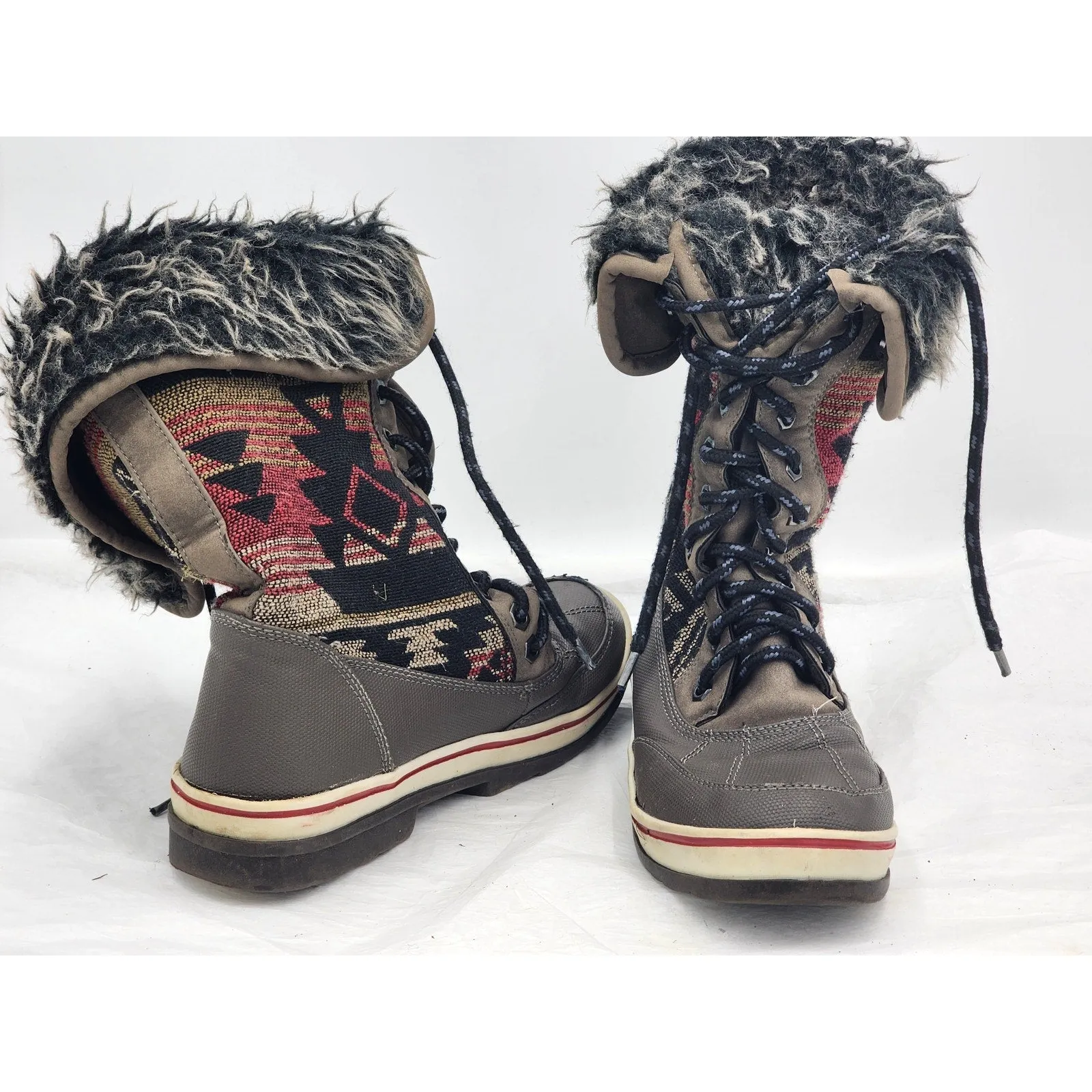 Aztec Print Snow Boots Warm Faux Fur Women Size 6/7 Boho Cozy Winter W22750 Snow Boots Second Hand