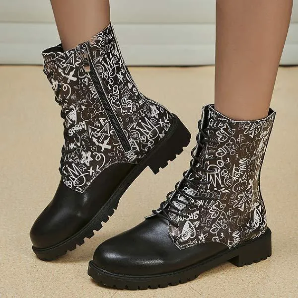 Women's Round-toe Flat Heel Printed Side Zip Martin Boots 44287634C Navy Adidas Tennis Shoes