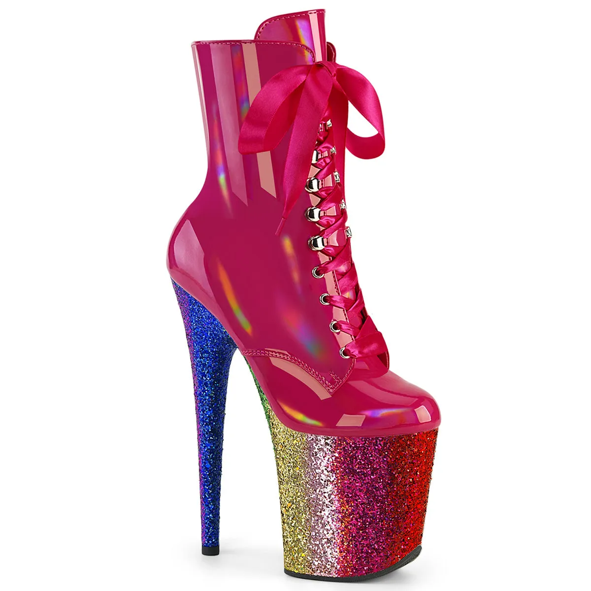 8 Inch Heel FLAMINGO-1020HG Hot Pink Holo Patent Badass Work Boots