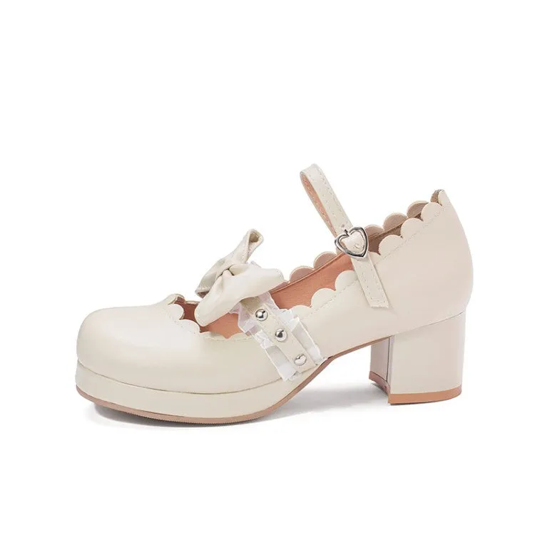 Women's Chunky Heel Pumps Mary Janes Shoes with Bowtie Lace High Heels Foot Worship