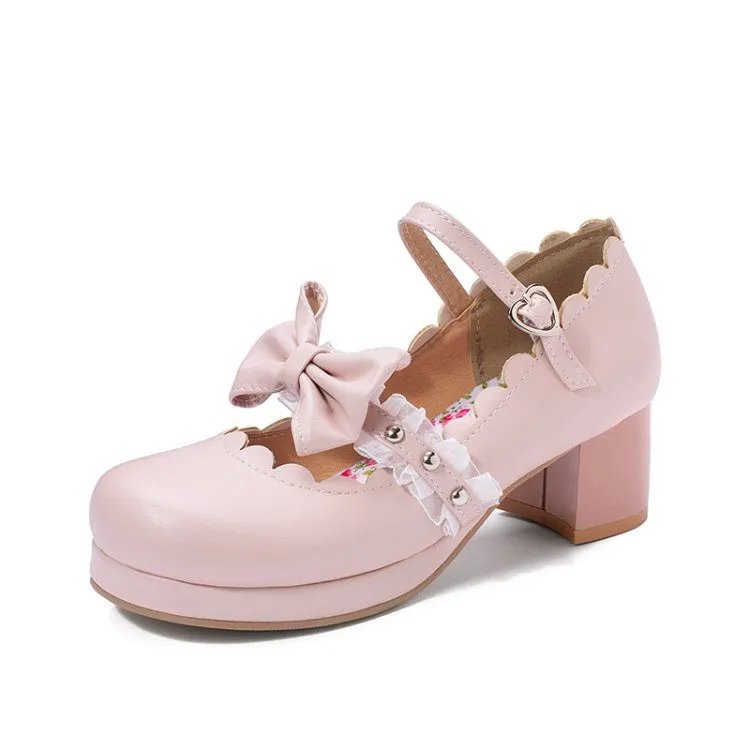 Women's Chunky Heel Pumps Mary Janes Shoes with Bowtie Lace High Heels With Toe Cleavage
