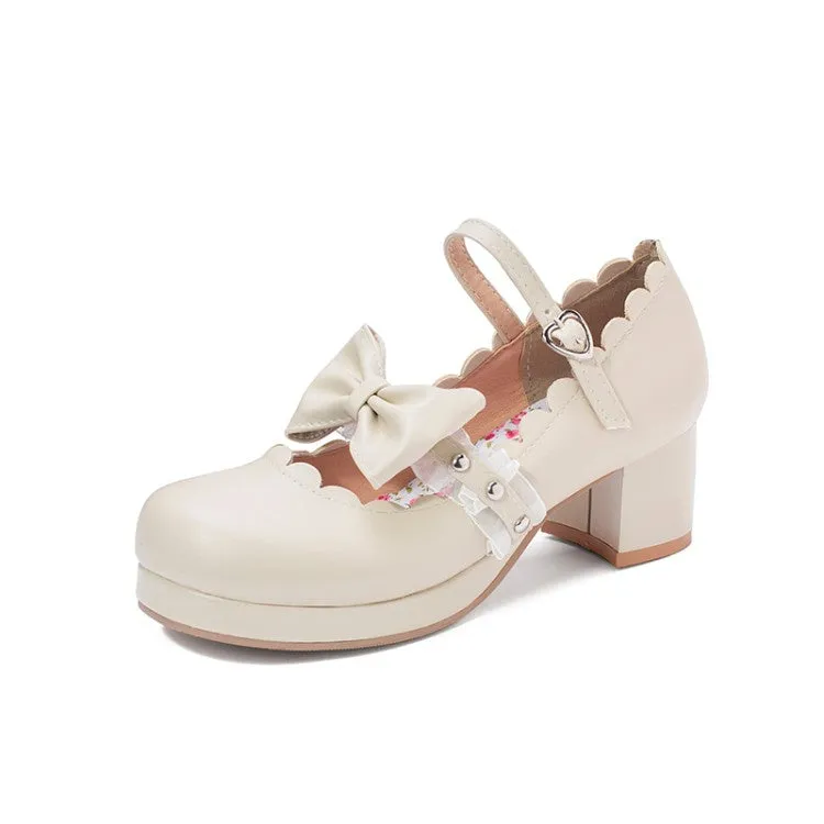 Black High Boots With Heels Women's Chunky Heel Pumps Mary Janes Shoes with Bowtie Lace