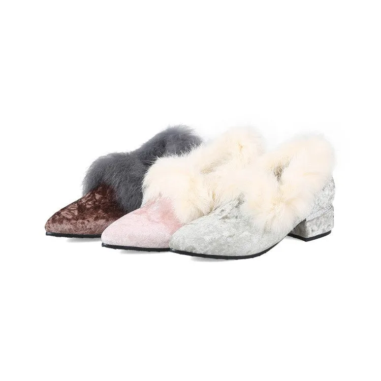 Small Heel Thigh High Boots Women's Furry Chunky Heels Shoes