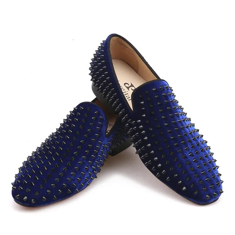 OneDrop Handmade Men Leather Velvet Spikes Dress Shoes Party Wedding And Prom Loafers Navy Suede Loafers