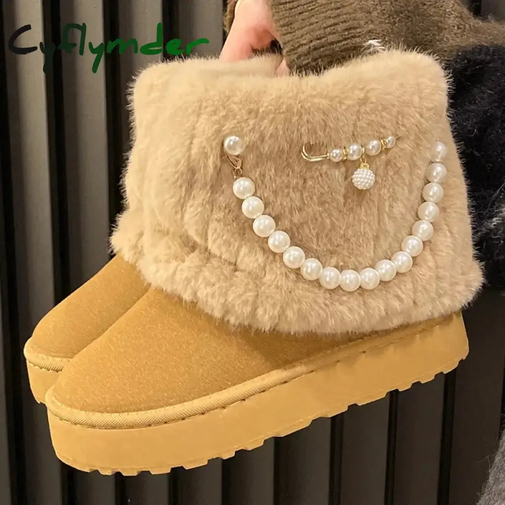 Snow Boots Itasca Cyflymder Winter New String Bead Plush Women's Boots Warm Stylish Thick Platform Slip On Boots Faux Fur Plus Size 43 Ankle Botas Shoes