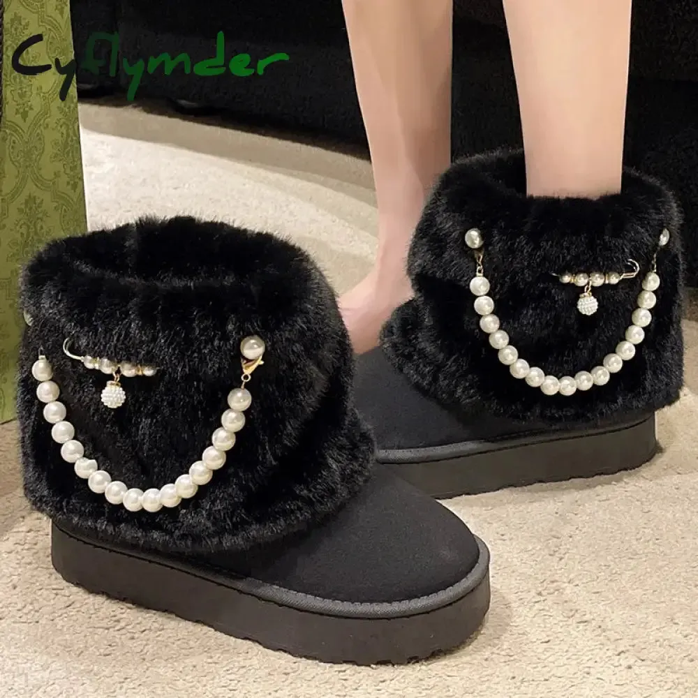 Cyflymder Winter New String Bead Plush Women's Boots Warm Stylish Thick Platform Slip On Boots Faux Fur Plus Size 43 Ankle Botas Shoes Fox Snow Boots