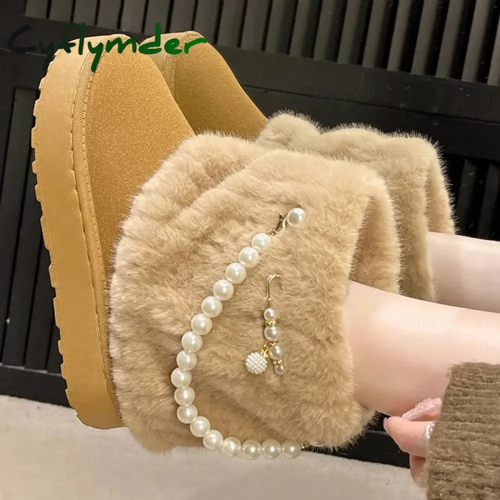 Cyflymder Winter New String Bead Plush Women's Boots Warm Stylish Thick Platform Slip On Boots Faux Fur Plus Size 43 Ankle Botas Shoes Pajar Snow Boots With Spikes
