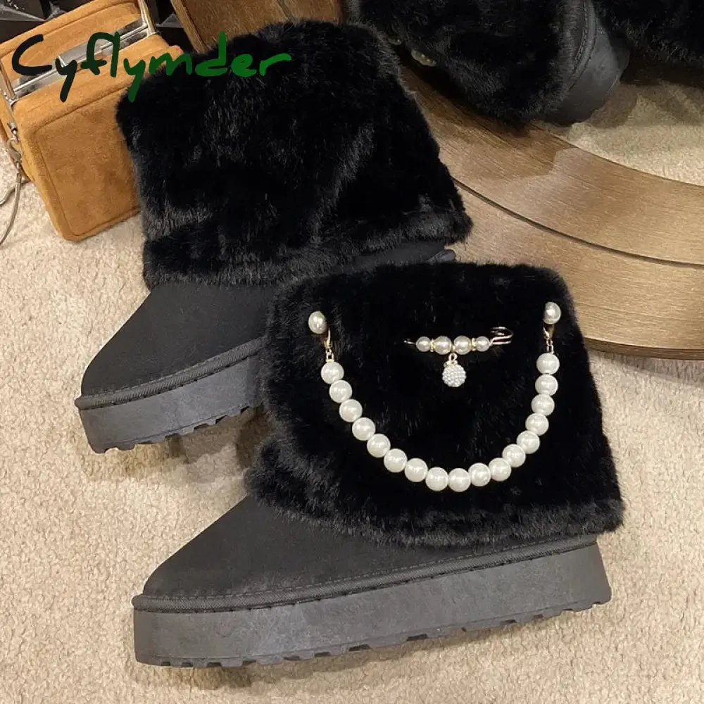 Cyflymder Winter New String Bead Plush Women's Boots Warm Stylish Thick Platform Slip On Boots Faux Fur Plus Size 43 Ankle Botas Shoes All Weather Snow Boots
