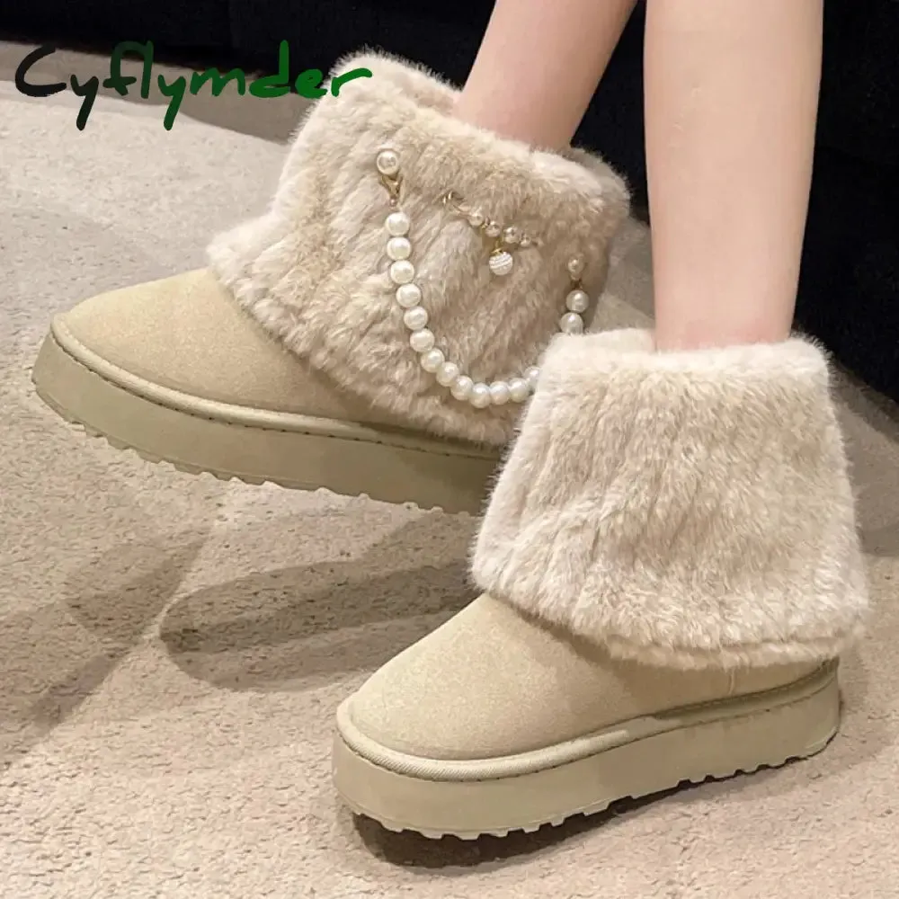 Affordable Snow Boots Cyflymder Winter New String Bead Plush Women's Boots Warm Stylish Thick Platform Slip On Boots Faux Fur Plus Size 43 Ankle Botas Shoes
