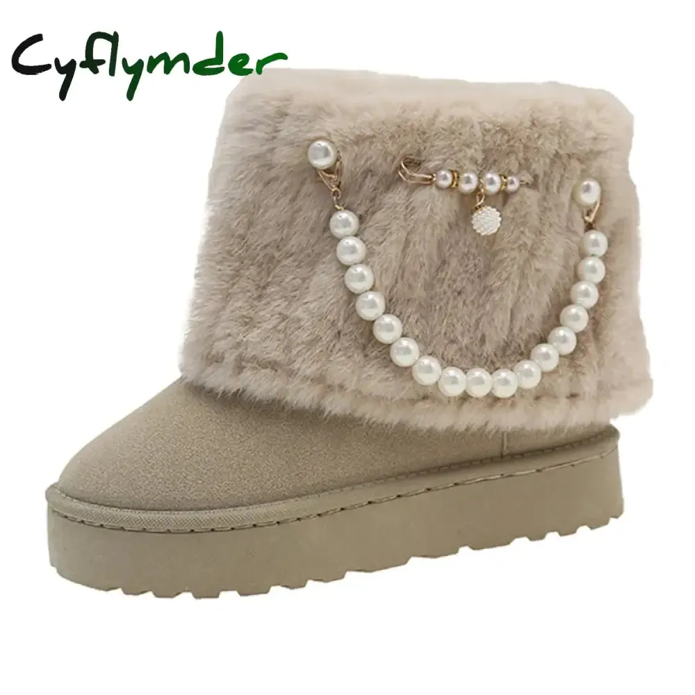 Cyflymder Winter New String Bead Plush Women's Boots Warm Stylish Thick Platform Slip On Boots Faux Fur Plus Size 43 Ankle Botas Shoes Size 11 Snow Boots