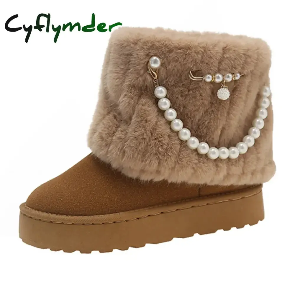 Cyflymder Winter New String Bead Plush Women's Boots Warm Stylish Thick Platform Slip On Boots Faux Fur Plus Size 43 Ankle Botas Shoes Paws Snow Boots