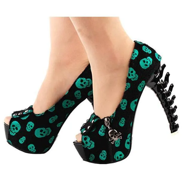 Pink Dress Shoes Shimmering Green Skull Cross bone High Heels