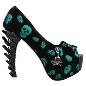 Stores For Dress Shoes Shimmering Green Skull Cross bone High Heels
