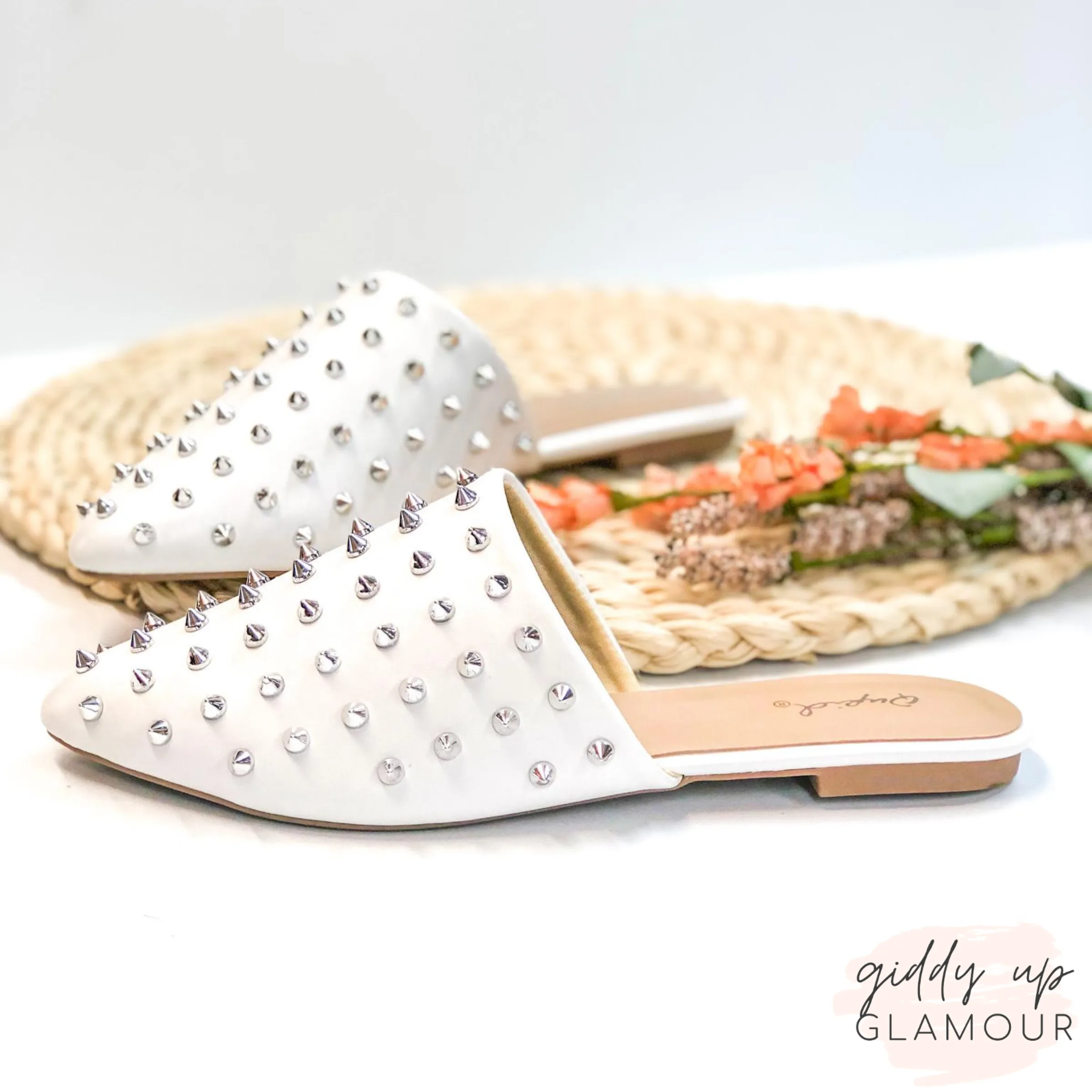 Uptown Girl Silver Spiked Slide On Mules in White Compare Asics Gel Running Shoes
